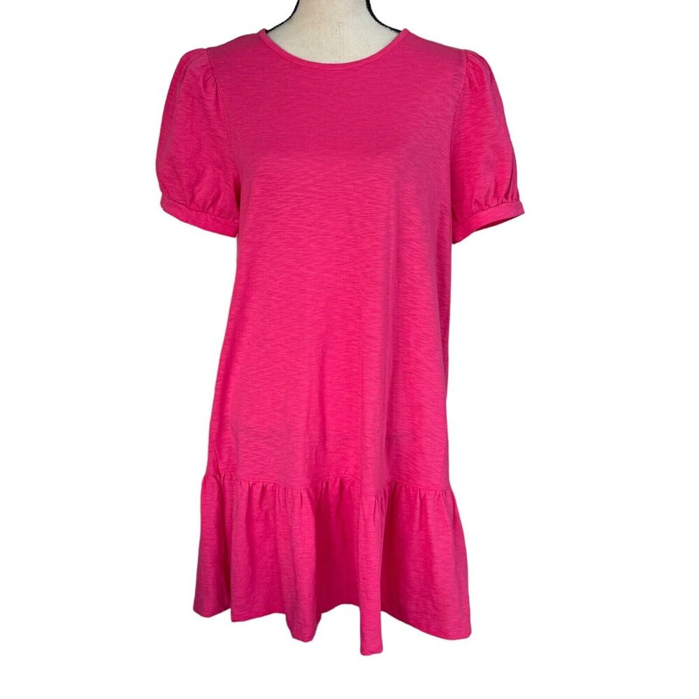 Charter Club Petite Medium Mini Shift Dress Ruffled Hem Puff Sleeve Stretch Pink